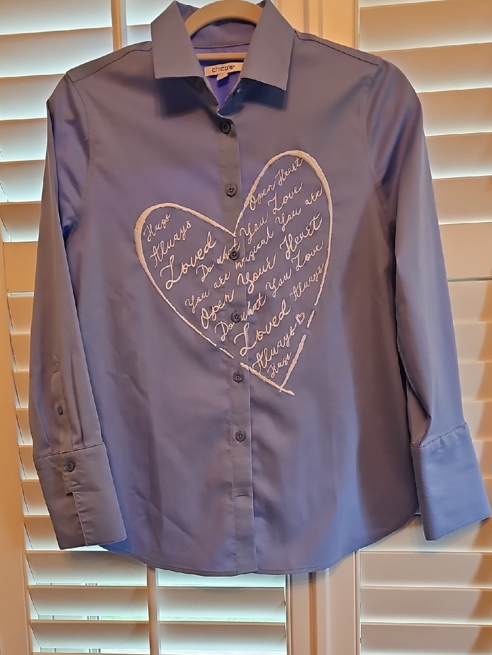 Chico's Periwinkle Button-Down Shirt with Heart Embroidery